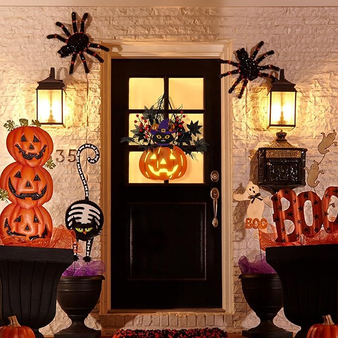 Halloween Pumpkin Decorations, Lighted Jack-O-Lantern with Maple Leaves Berries Black Cat, Halloween Door Sign Wood Pumpkin Lights for Front Door Indoor Outdoor Yard Party Cartoon Hanger Decor-Ruum Studio Home