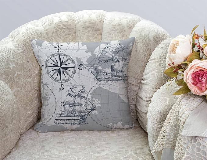 TSSOHU Nautical Sailboat Map Throw Pillow Cover Ship Anchor Cotton Linen Decorative Pillow Case Cushion Cover Home Sofa Decor 18x18 Inch Pillow Cover-Ruum Studio Home