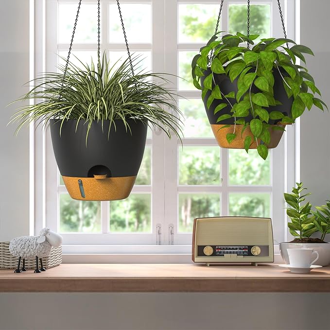 ZMTECH 12 Inch Hanging Planters for Indoor Outdoor Plants, 2 Pack Self Watering Hanging Plant Pots with Drainage Hole, Visual Reservoir, Plastic Flower Hanging Pots with Watering Lip (Black)-Ruum Studio Home