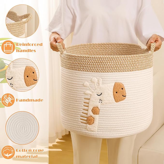 Large Blanket Baskets for Living Room Decor, Toy Storage Baskets Woven Cotton Rope Storage Basket for Kids, Dog Toys Organizer Clothes Hamper with Embroidery Decor for NurseryLaundry (Large, Giraffe)-Ruum Studio Home
