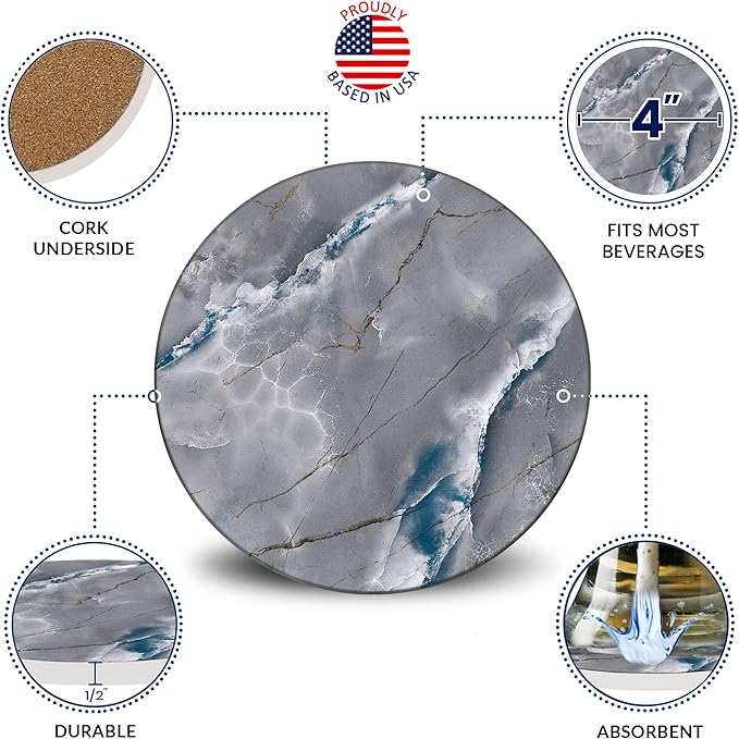 Emerson Coasters for Drinks Absorbent – Natural Stone Drink Coasters Set with Holder, Coasters for Coffee Table, Wooden Tabletop Protection Marble Style – 100% Heavy Duty Set of 6 (Graphite)-Ruum Studio Home