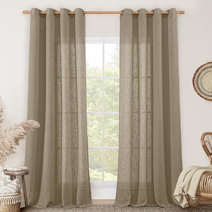 LAMIT Taupe Linen Curtains 95 Inch Length 2 Panels for Living Room/Bedroom, Semi Sheer Light Filtering Farmhouse Bronze Grommet Long Soft Thick Linen Textured Window Drapes, 52 x 95 Inch-Ruum Studio Home