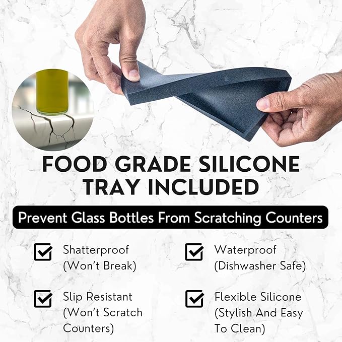Olive Oil Dispenser Set With Silicone Tray & 40 Labels - 2 Black Bottles (500ml / 17oz) for Kitchen, Soy Sauce, Coffee Syrup-Ruum Studio Home