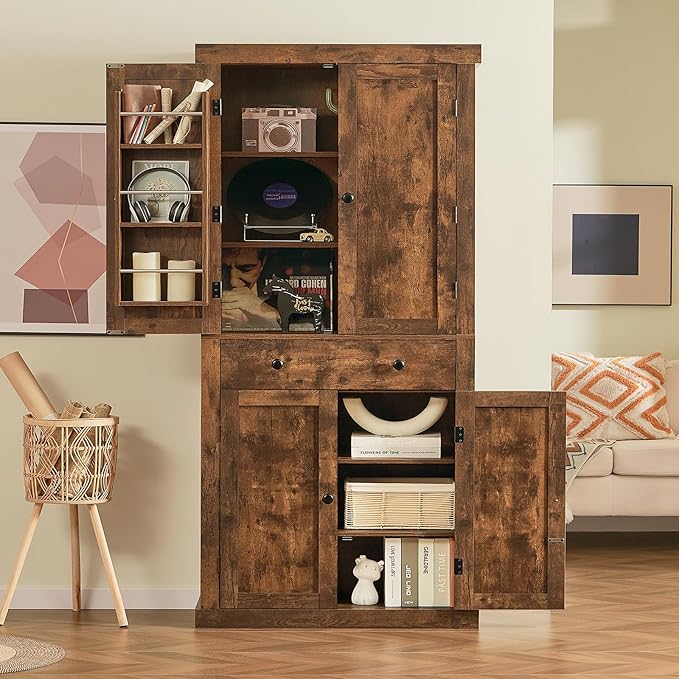 usikey 72” Kitchen Pantry Cabinet, Tall Storage Cabinet with 4 Doors and 1 Drawer, Freestanding Cupboard with 6 Hanging Shelves and Adjustable Shelves for Kitchen, Living Room, Rustic Brown-Ruum Studio Home