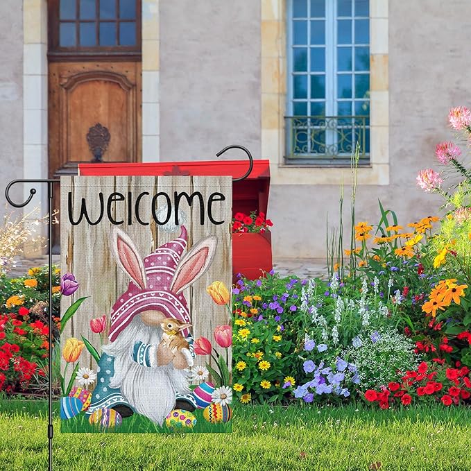 Welcome Easter Gnome Garden Flag 12x18 Double Sided Burlap, Funny Bunny Floral Small Yard Flag Banner for Holiday Farmhouse Outdoor Decor (ONLY FLAG)-Ruum Studio Home