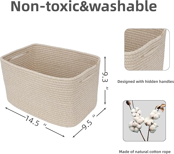 Rope storage Basket Bins Woven Basket for Organizing Shelves Rectangle Decorative Baskets For storage Clothes Toys Books Towels Square Wicker Nursery basket organizer 3 pack Oatmeal-Ruum Studio Home