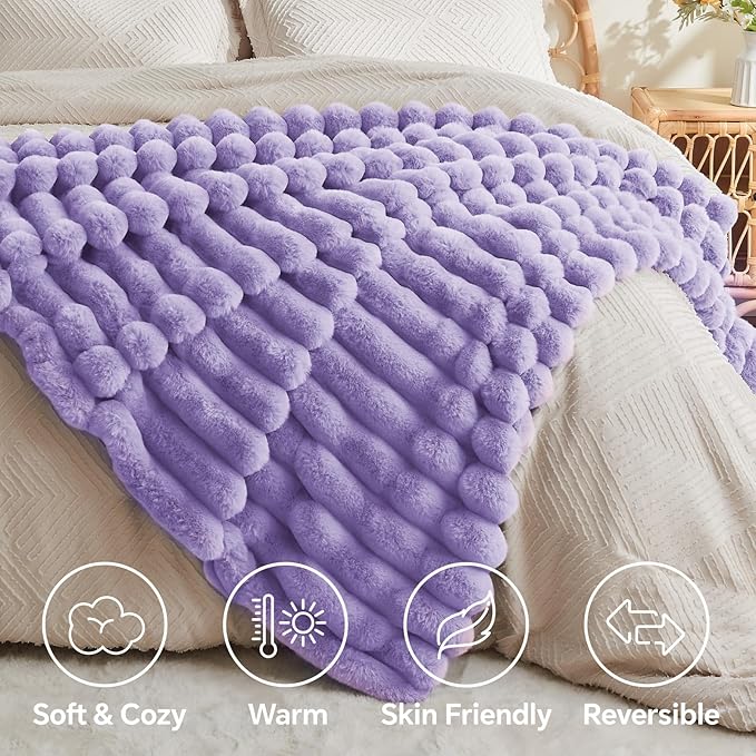 BEDELITE Faux Fur Throw Blanket for Couch, Soft and Cozy Luxurious 3D Striped Fluffy Blanket, 770GSM Thick Warm Plush Fuzzy Faux Rabbit Fur Blanket for Women Gift (Lavender, 50"x 60")-Ruum Studio Home