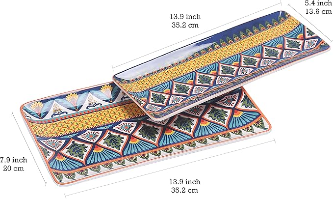 Bico Havana Ceramic 14 inch Rectangular Serving Platter, Set of 2, for Serving Salad, Pasta, Cheese, Ham, Appetizer, Microwave & Dishwasher Safe-Ruum Studio Home