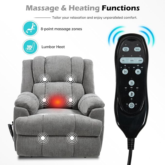 Dual Motor Power Lift Recliner Chair with Massage and Heat for Elderly People, Infinite Position, Light Grey Recliner Chair, Chenille Fabric Lift Chair-Ruum Studio Home