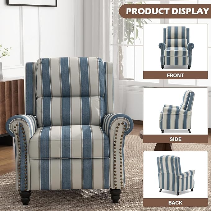 UIXE Pushback Recliner Chair Push Back Accent Chair, Fabric Overstuffed Armchair for Living Room, Rivet Trim Club Chair Home Theater Single Sofa Bedroom Reading Seat - Stripe Navy-Ruum Studio Home