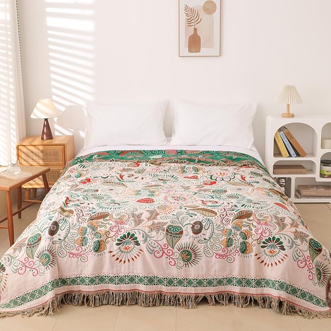 Snycler Cotton Bed Throw with Tassels, Double-Sided Bohemian Spring Flowers Plants Throws for Sofas, 80x90 inch Woven Warm Blanket for Single Sofa, Bedspread and Settee Couch Travel Green-Ruum Studio Home