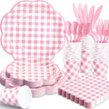 175 Pcs Pink Gingham Plates and Napkins Party Supplies - Pink and White Checkered Plates Sets Serve 25 Guests - Scalloped Gingham Paper Plate for Birthday Wedding Picnic Party Decorations-Ruum Studio Home