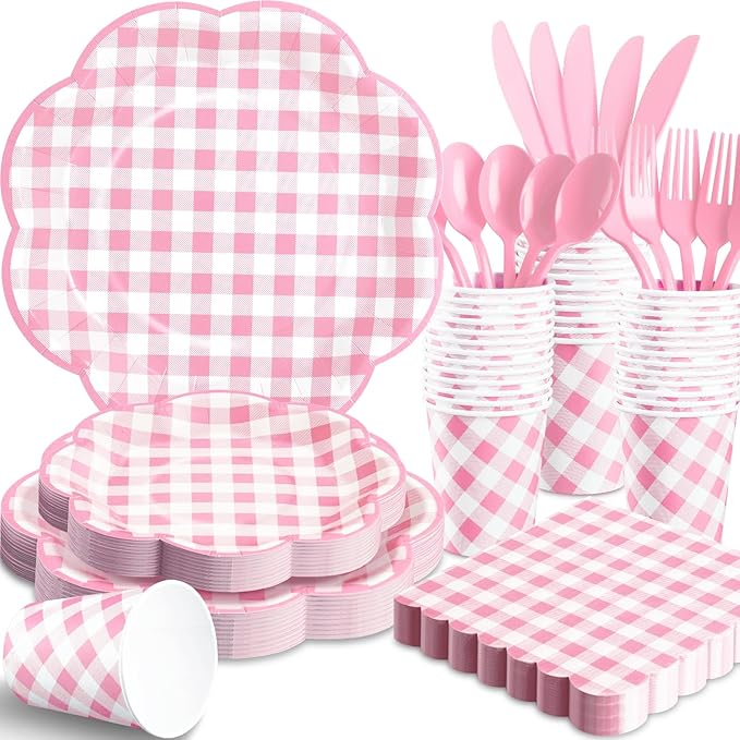 175 Pcs Pink Gingham Plates and Napkins Party Supplies - Pink and White Checkered Plates Sets Serve 25 Guests - Scalloped Gingham Paper Plate for Birthday Wedding Picnic Party Decorations-Ruum Studio Home