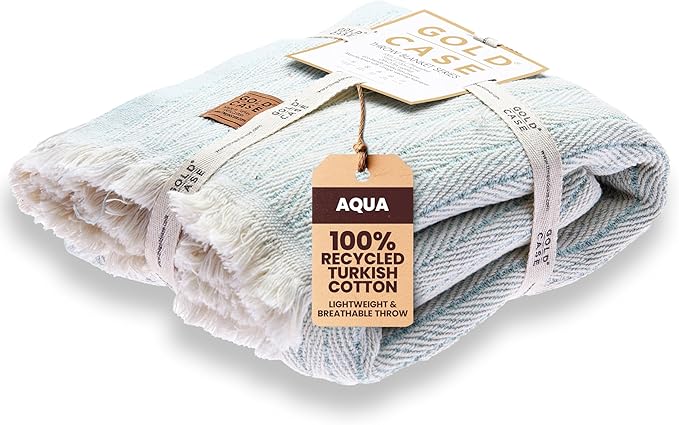 Gold Case Throw Blanket for Couch – 100% Recycled Turkish Cotton Blankets & Throws – Elegant Decorative Throw Blankets for Living Room Sofa – Woven Throws for Couch – Vintage Aqua– 50x60-Ruum Studio Home