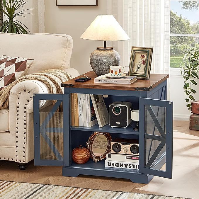 24" End Table with Charging Station, Farmhouse Night Stand with Glass Barn Door, White Nightstands with Adjustable Storage Shelf, Large Wood Square Bed Side Table for Living Room,Bedroom-Ruum Studio Home