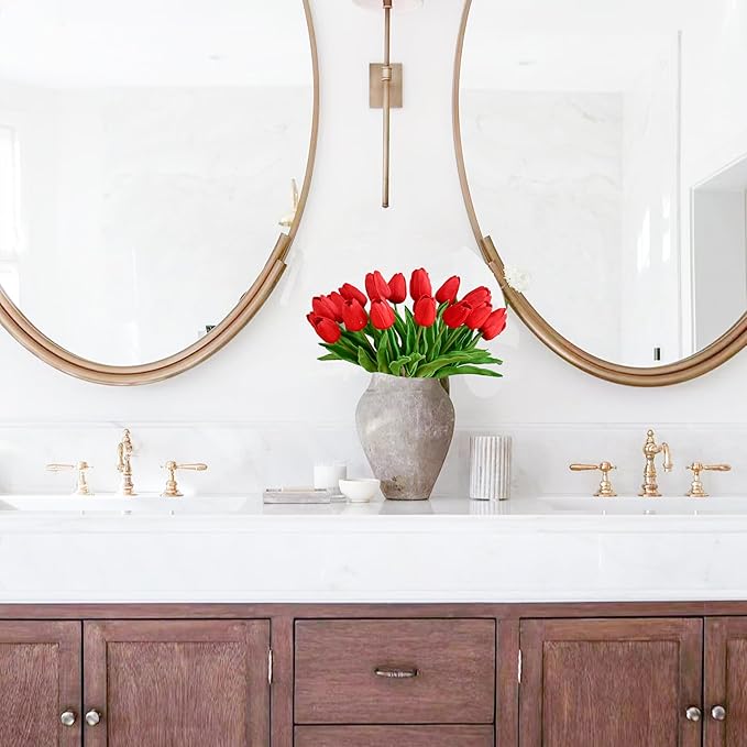 Mandy's Artificial Tulips 20 Stems Red PU Faux Flowers for Wedding Home Decor 13.5 Inch-Ruum Studio Home