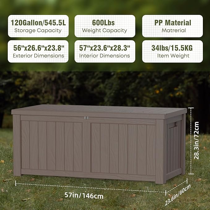 120 Gallon Patio Storage Box, Large Deck Box for Patio Furniture Covers, Cushion Pillows, Waterproof Outdoor Storage Bench for Towels, Garden Tools and Pool Accessories, Grey-Ruum Studio Home