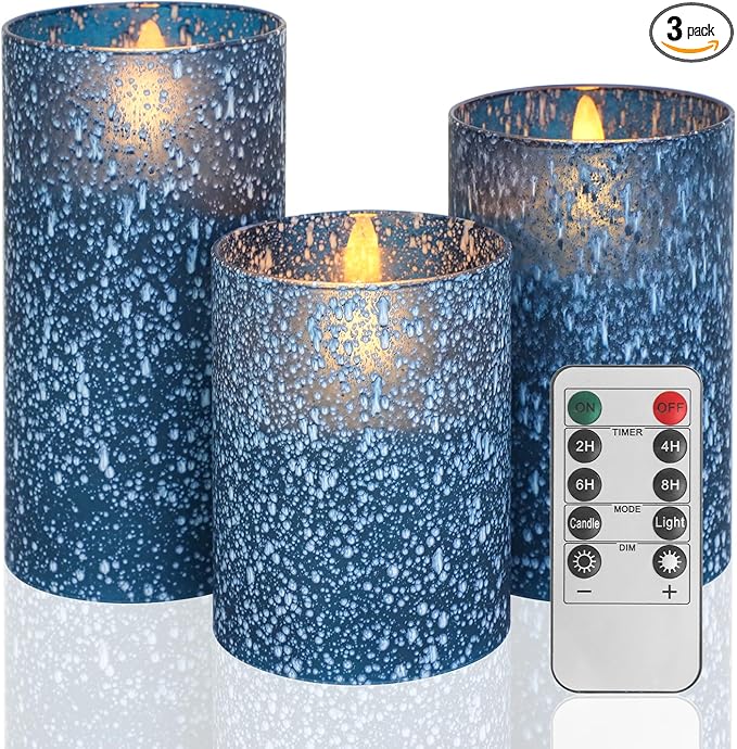 Flameless Candles with Remote - Battery Operated Candles with Timer, Flickering Real Wax LED Pillar Christmas Candles for Wedding, Table, Home Decorations (Blue, Set of 3)-Ruum Studio Home