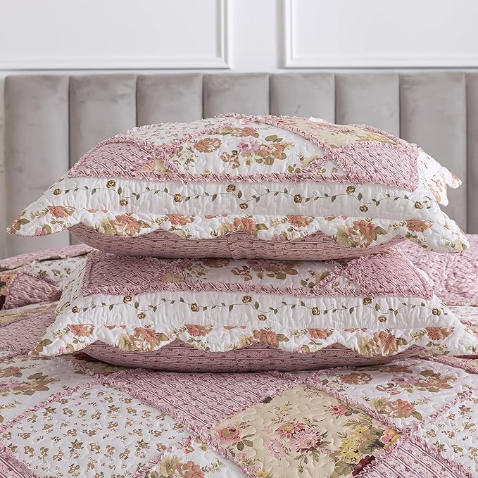NEWLAKE Quilt Set Queen Size, Bedspread Sets Pink Botanical Floral, Reversible Quilt Bedding Set Lightweight and Breathable for All Seasons, Soft Quilted Bedspread with 2 Pillow Shams-Ruum Studio Home