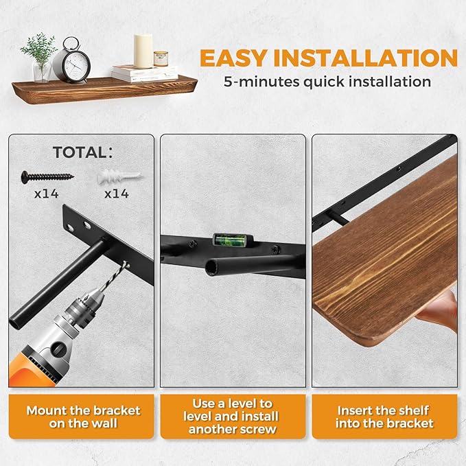 24"x6.8"x1.6" Slanted Floating Wall Shelves 2-Pack - Rustic Brown Finish, Heavy-Duty Solid Wood Design with Hidden Brackets - Perfect for Living Room, Kitchen, Bathroom, or Office-Ruum Studio Home