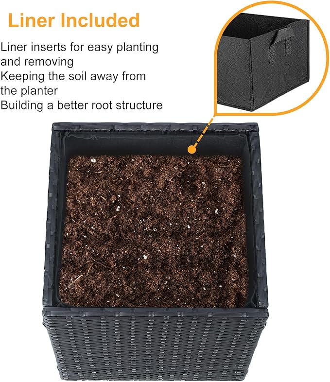 SUNNYPARK Set of 2 Large Square Planter with Removable Liner, All-Weather PE Rattan Modern Planters Indoor Outdoor Flower Plant Pots Garden Box Patio Yard Front Porch Deck-Ruum Studio Home