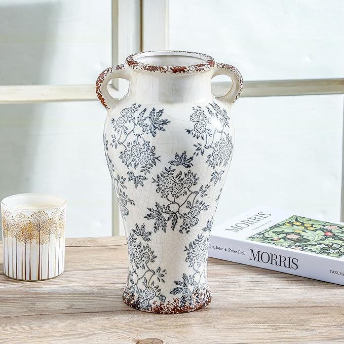 Enra Vintage vase with Handle,12.6 inch Blue and White Ceramic Decorative Flower vase, Chinoiserie Floral Vase,Large Rustic Vases for Home Decors, Living Room, Bookshelf, Office-Ruum Studio Home