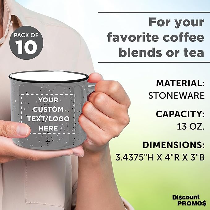 DISCOUNT PROMOS Custom Ceramic Campfire Coffee Mugs 13 oz. Set of 10, Personalized Bulk Pack - Perfect for Tea, Espresso, Cappuccino, Hot Cocoa - Grey-Ruum Studio Home