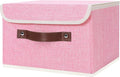 ANMINY Storage Bin with Lid Storage Boxes with PU Leather Handles PP Plastic Board Decorative Foldable Lidded Cotton Linen Fabric Home Cubes Baskets Closet Organizer Container - Pink, Small Size-Ruum Studio Home
