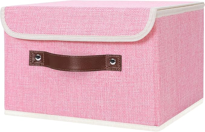ANMINY Storage Bin with Lid Storage Boxes with PU Leather Handles PP Plastic Board Decorative Foldable Lidded Cotton Linen Fabric Home Cubes Baskets Closet Organizer Container - Pink, Small Size-Ruum Studio Home