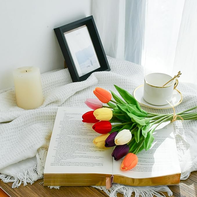 Mandy's Artificial Tulips 12 Stems Multicolor PU Faux Flowers for Wedding Home Decor 13.5 Inch-Ruum Studio Home
