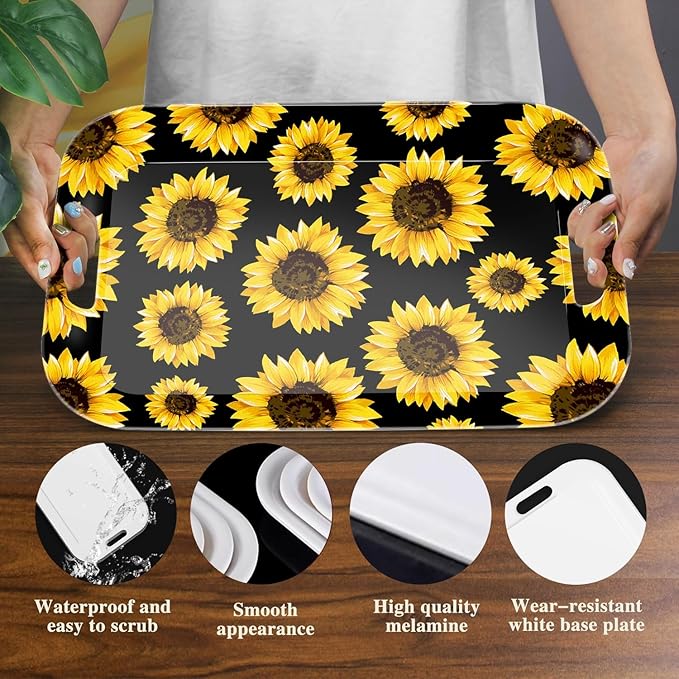 Serving Trays with Handles, 14.5 x 9.8 inch Rectangular Plastic Tray for Restaurant, Kitchen, Sunflower Black Background-Ruum Studio Home