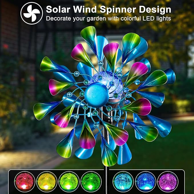 60'' Wind Spinner with Color Glass Ball Solar Lights, Green Peacock Feathers Metal Garden Outdoor Decor Yard Lawn Art Decor for Patio Kinetic Windmills Unique Gifts for Friends and Family-Ruum Studio Home