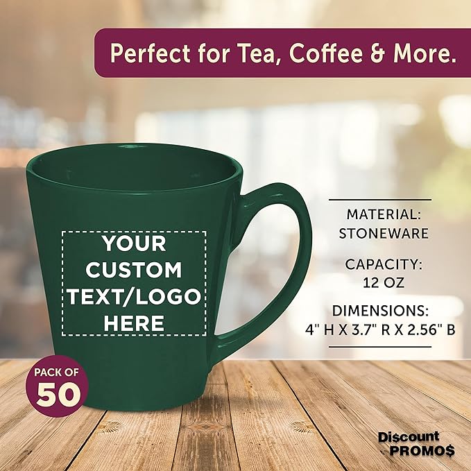 DISCOUNT PROMOS Custom Glossy Ceramic Latte Coffee Mug 12 oz. Set of 50, Personalized Bulk Pack - Perfect for Tea, Espresso, Cappuccino, Hot Cocoa - Green-Ruum Studio Home