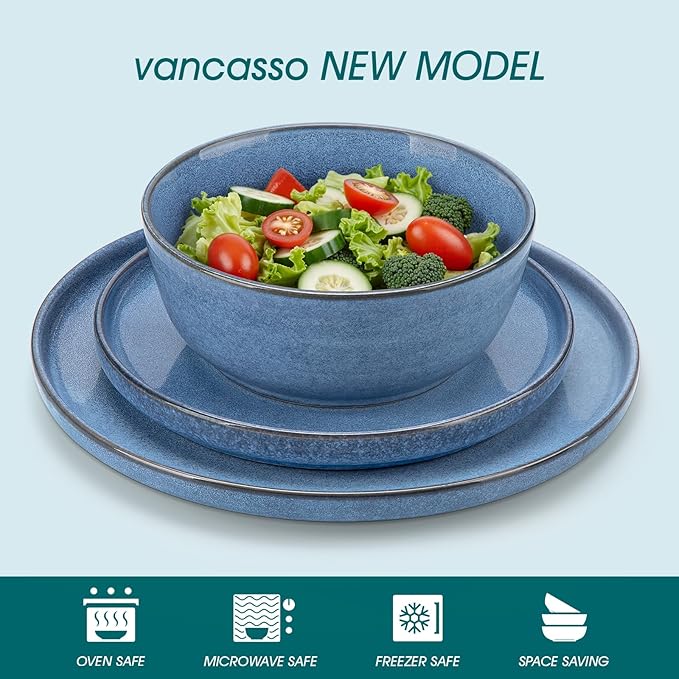 vancasso ANYA 18 Pieces Plates and Bowls Set, Blue Dinnerware Sets, Reactive Glaze Dishes Set for 6, Ceramic Dishware Sets Kitchen Dinner Set, Microwave & Dishwasher Safe-Ruum Studio Home