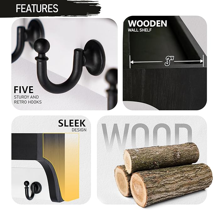 Rebee Vision Key Holder Wall Mount with Shelf - Decorative 2-Color Key Rack with 5 Rustic Key Hooks and Primitive Wood Mail Organizer Wall Mount - Modern Farmhouse Entryway Decor (Black & White)-Ruum Studio Home