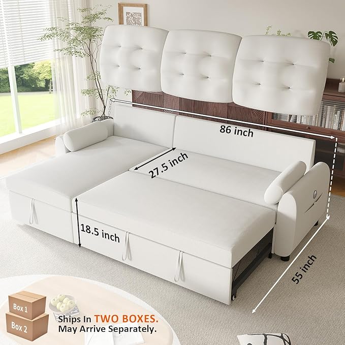 Ucloveria Sleeper Sofa Bed, 86" Convertible Sectional Sofa Couches for Living Room, 4 in 1 Pull Out Couch Bed with Reversible Storage Chaise | USB Ports | Side Pockets | Removable Backrest-Ruum Studio Home