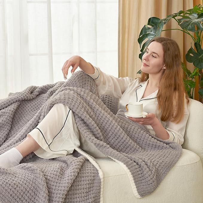 Snuggle Sac Grey Waffle Throw Blanket for Couch Bed Sofa 60x80 inches, Reversible Grey Blanket Microfiber Fluffy Fuzzy Cozy Knit Twin Blanket for Women Mothers Birthday Gifts-Ruum Studio Home