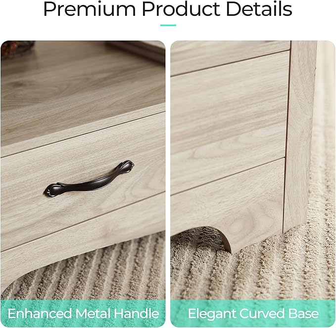 LINSY HOME Farmhouse Coffee Table with Storage, Wood Coffee Table for Living Room, Open Display Area and Storage Drawers with Metal Handles, Chic Style with Curved Base. Oak and Brown-Ruum Studio Home