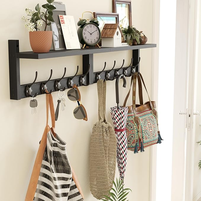 AMBIRD 34.2" Extra Long Wooden Wall Hook Rack with Shelf - Versatile and Decorative Wall-Mounted Storage with 10 Hooks for Coats, Hats, Keys, Scarves - Ideal for Entryways, Bedrooms, Closets (Black)-Ruum Studio Home