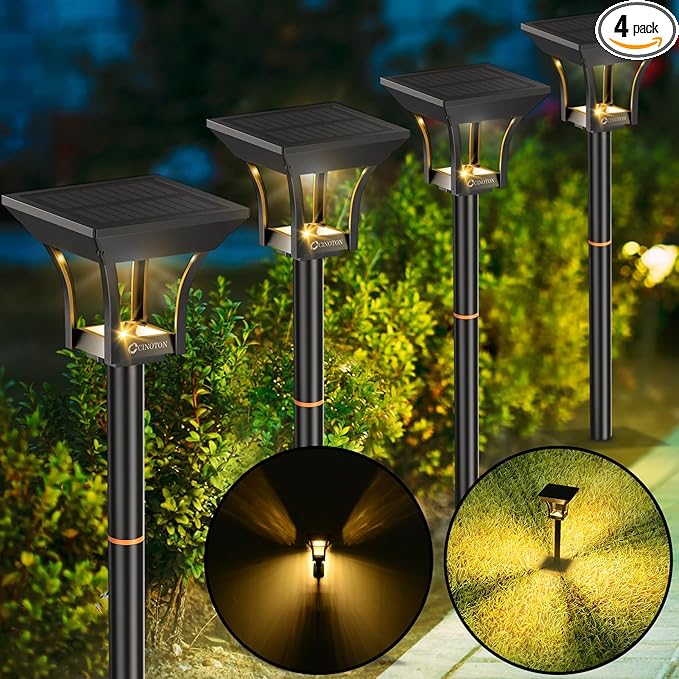 CINOTON Outdoor Solar Landscape Pathway & Wall Lights with 2 Brightness Modes, IP65 Waterproof LED Solar Powered Garden Lights for Patio Lawn Porch Walkway Backyard Driveway Sidewalk Warm White 4 Pack-Ruum Studio Home