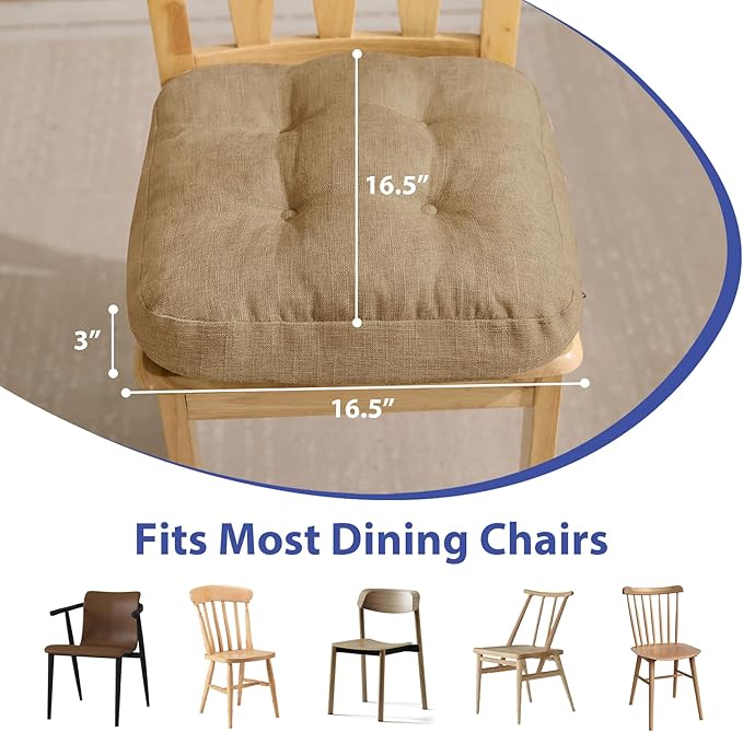 Chair Cushions for Dining Chairs, Dining Chair Cushions, Tufted Indoor Chair Pads with Ties & Non Slip Backing, Seat Cushions for Kitchen Chairs 16.5” x 16.5” x 3.5”, Set of 6, Khaki-Ruum Studio Home