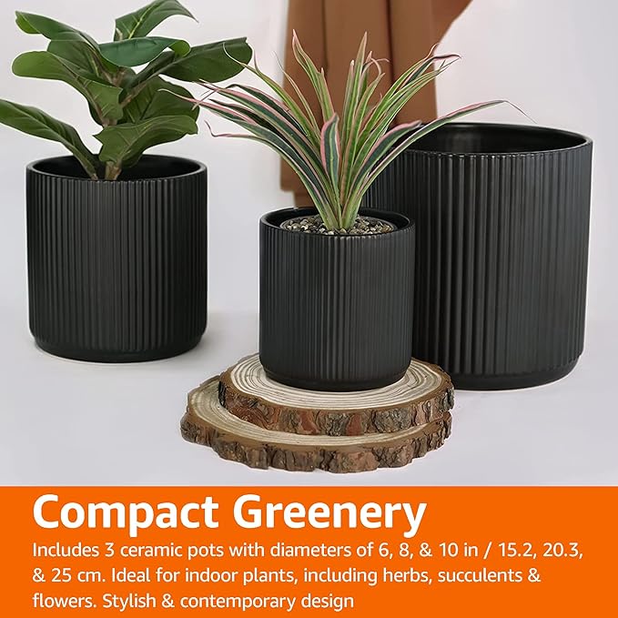 Amazon Basics Assorted Sizes Fluted Ceramic Round Planters, Set of 3, 6 inch, 8 inch, 10 inch, Black-Ruum Studio Home