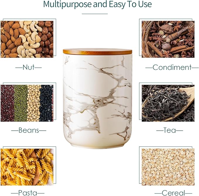 Ceramic Canister Set with Bamboo Airtight Lids, 3-Piece Kitchen Storage Jars (48oz, 30oz, 12oz) – White with Gold Marble Pattern, Glossy Finish, for Coffee, Sugar, Flour & More-Ruum Studio Home