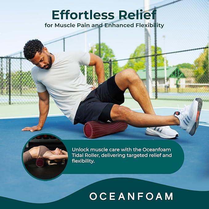 Oceanfoam Tidal Roller - Maroon - Muscle Massage Foam Roller for Back Pain & Stretching - Firm and Ergonomic Wide Wave Textured - Yoga, Athletics, & Wellness - Full Size, 20" x 5"-Ruum Studio Home