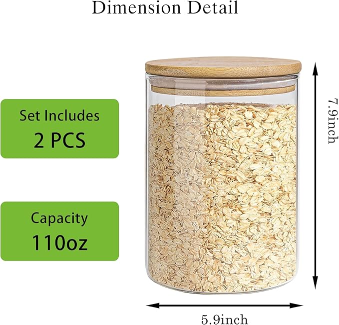 Glass Storage Jars Set Elegant Containers with Airtight Bamboo Lids, Perfect for Kitchen Organization - Flour, Rice, Pasta, Sugar, Coffee Beans, Accessories Included (2 packs(111oz))-Ruum Studio Home