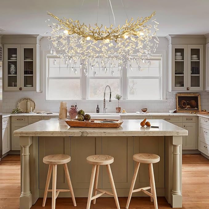 Modern Crystal Gold Chandelier, 36" Large Rectangular Oval Tree Branch Crystal Chandeliers for Dining Room,16-Light Flush Mount K9 Crystal Chandeliers, for Kitchen Island,Dining Room-Ruum Studio Home