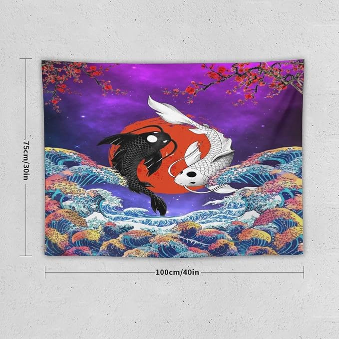 Houselerax Japanese Koi Fish Tapestry, Yin Yang Big Wave Cherry Blossom Tapestries Wall Hanging for Bedroom Living Room Office Decor 40"x30"-Ruum Studio Home
