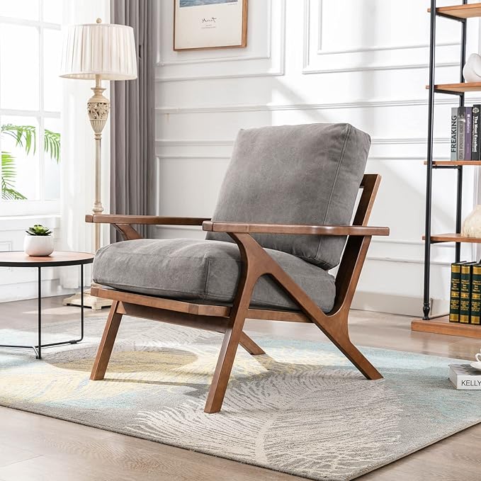 Wahson Set of 2 Mid Century Chair, Retro Upholstered Accent Armchairs, with Wood Frame and Removable Canvas Cushions, Large Leisure Slipper Chair for Living Room/Bedroom, Grey-Ruum Studio Home