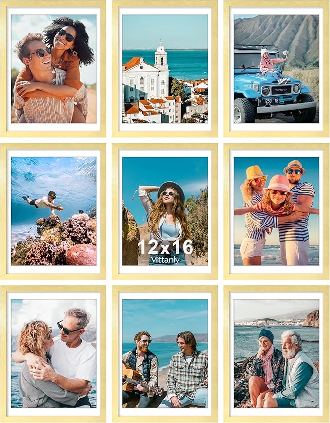 Vittanly 12x16 Picture Frames Set of 9, Shatter Resistant Plexiglass, Display 11x14 Pictures with Mat or 12x16 without Mat, Photo Frames for Wall Mount, Engineered Wood, Gold-Ruum Studio Home