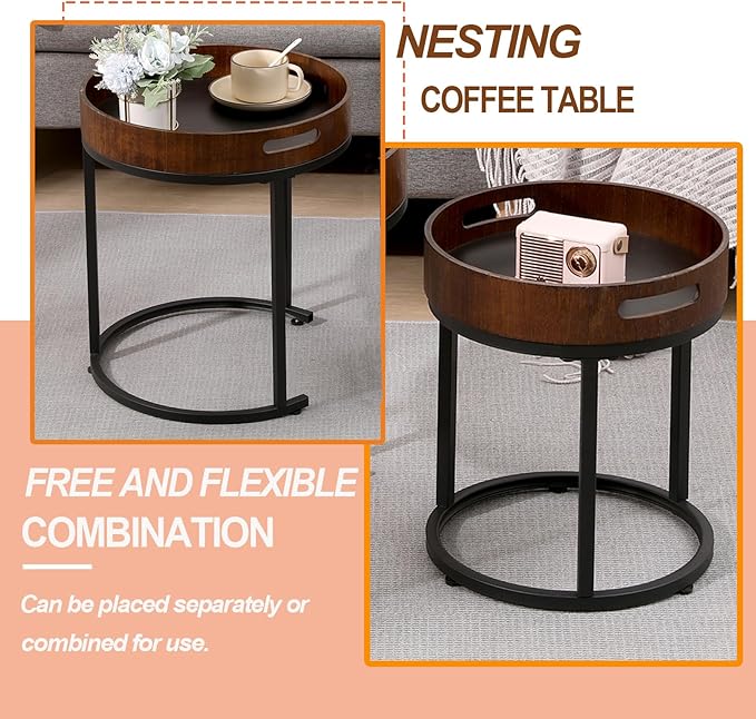 Nesting Coffee Table Set of 2, Small Round Stacking Side Table Set with Metal Frame, Nesting Tables for Living Room Bedroom Office Balcony (Wood, 2)-Ruum Studio Home
